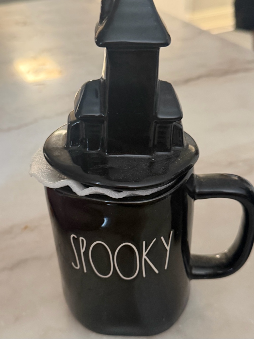 Rae Dunn Black "SPOOKY" Mug with Haunted House Lid